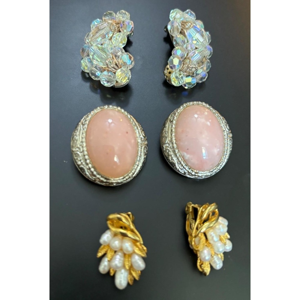 Vintage 80s Clip On Earrings 3 Pair  Crystal Pink Stone Faux‎ Pearl Cluster